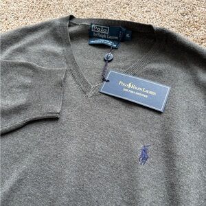 NWT Polo Ralph Lauren 100% Pima Cotton Gray V-Neck Sweater Navy Pony Logo